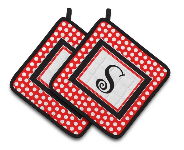 CJ1012-SPTHD Monogram - Initial S Red Black Polka Dots Pair of Pot Holders, 7.5 x 3 x 7.5 in.