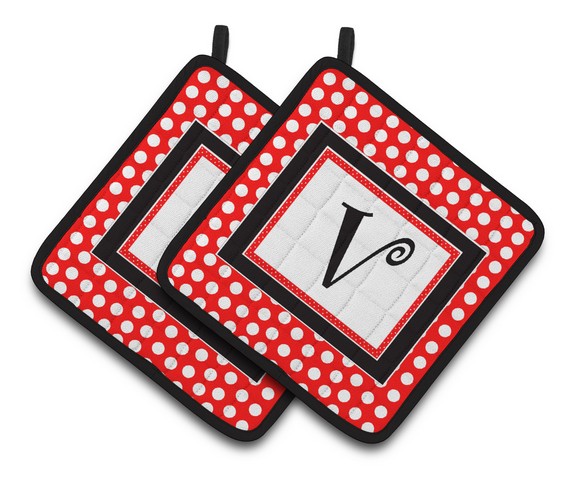 CJ1012-VPTHD Monogram - Initial V Red Black Polka Dots Pair of Pot Holders, 7.5 x 3 x 7.5 in.