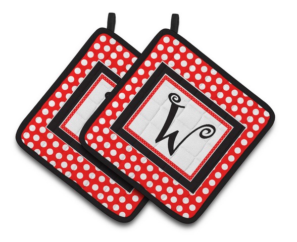 CJ1012-WPTHD Monogram - Initial W Red Black Polka Dots Pair of Pot Holders, 7.5 x 3 x 7.5 in.