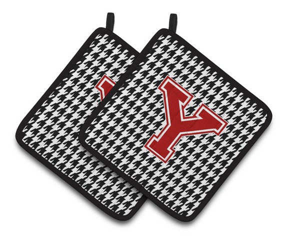 CJ1021-YPTHD Letter Y Monogram - Houndstooth Black Pair of Pot Holders, 7.5 x 3 x 7.5 in.