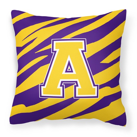 Letter A Monogram - Tiger Stripe - Purple Gold Fabric Decorative Pillow