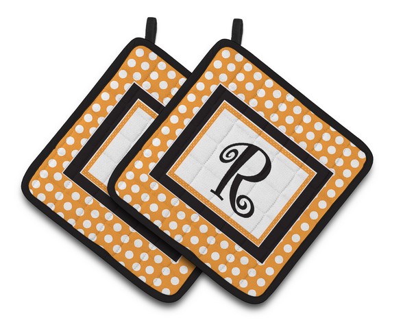 Monogram Initial R Orange Polkadots Pair of Pot Holders