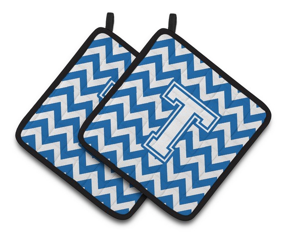 Letter T Chevron Blue & White Pair of Pot Holders