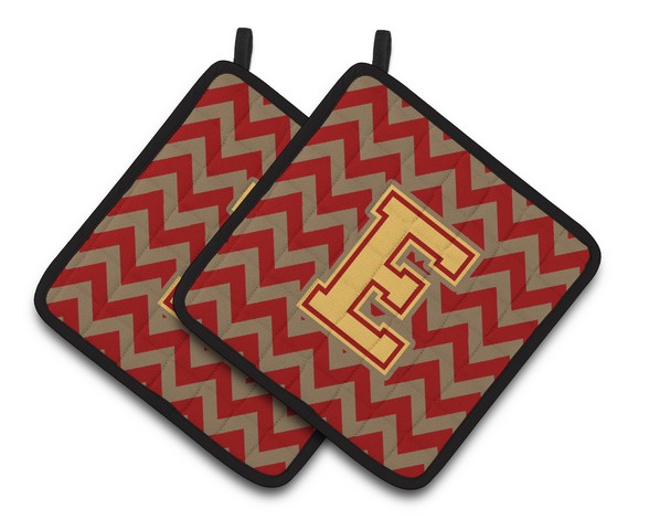 Letter E Chevron Garnet & Gold Pair of Pot Holders