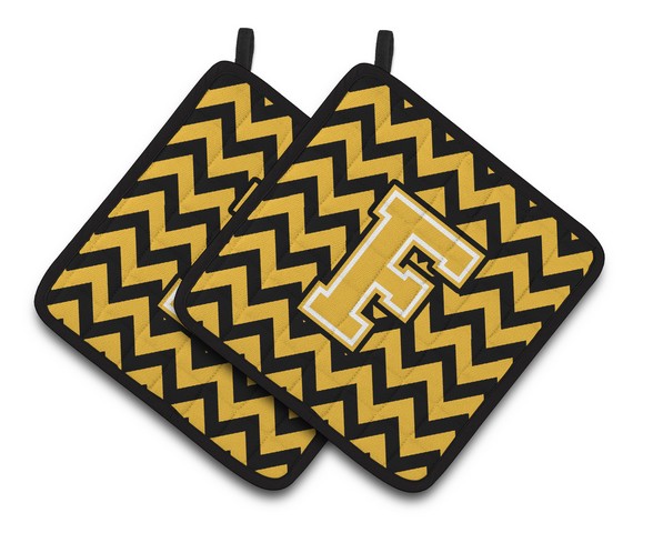 CJ1053-FPTHD Letter F Chevron Black & Gold Pair of Pot Holders, 7.5 x 3 x 7.5 in.