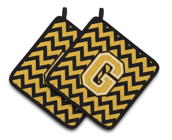 CJ1053-GPTHD Letter G Chevron Black & Gold Pair of Pot Holders, 7.5 x 3 x 7.5 in.