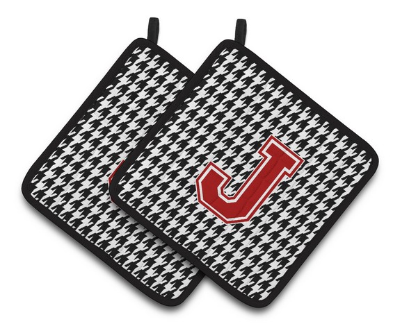 CJ1021-JPTHD Letter J Monogram - Houndstooth Black Pair of Pot Holders, 7.5 x 3 x 7.5 in.