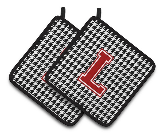 CJ1021-LPTHD Letter L Monogram - Houndstooth Black Pair of Pot Holders, 7.5 x 3 x 7.5 in.
