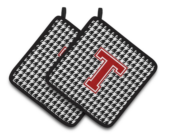 CJ1021-TPTHD Letter T Monogram - Houndstooth Black Pair of Pot Holders, 7.5 x 3 x 7.5 in.