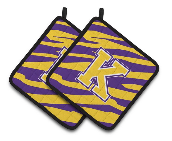 Letter K Monogram - Tiger Stripe - Purple Gold Pair of Pot Holders
