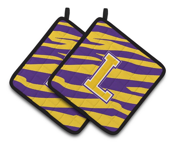 Letter L Monogram - Tiger Stripe - Purple Gold Pair of Pot Holders