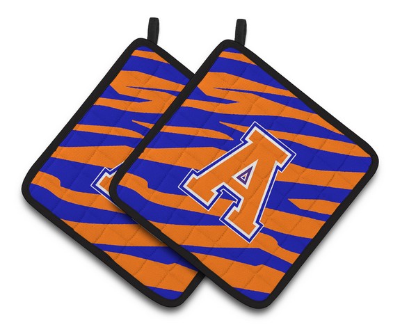 Letter A Monogram - Orange Blue Tiger Stripe Pair of Pot Holders