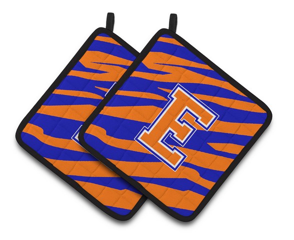 Monogram Initial E Tiger Stripe - Blue Orange Pair of Pot Holders