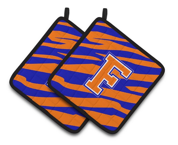CJ1023-FPTHD Monogram Initial F Tiger Stripe - Blue Orange Pair of Pot Holders, 7.5 x 3 x 7.5 in.
