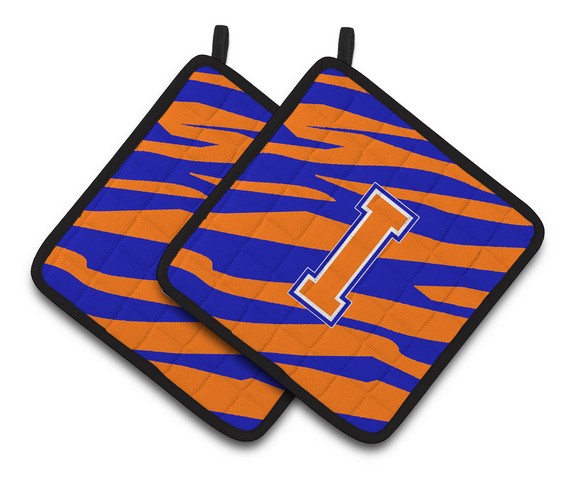 CJ1023-IPTHD Monogram Initial I Tiger Stripe - Blue Orange Pair of Pot Holders, 7.5 x 3 x 7.5 in.