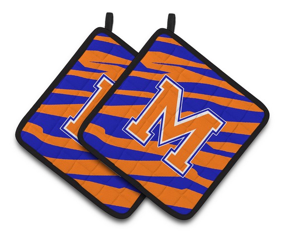 Monogram Initial M Tiger Stripe - Blue Orange Pair of Pot Holders