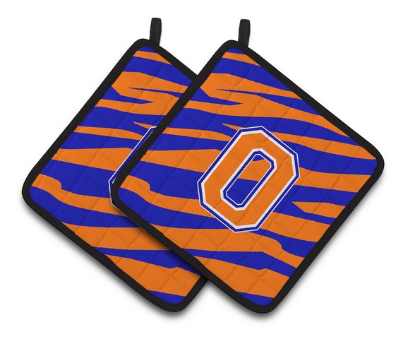CJ1023-OPTHD Monogram Initial O Tiger Stripe - Blue Orange Pair of Pot Holders, 7.5 x 3 x 7.5 in.