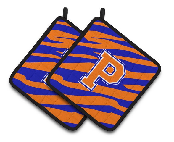 Monogram Initial P Tiger Stripe - Blue Orange Pair of Pot Holders