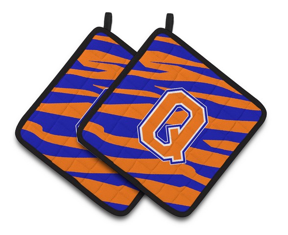 CJ1023-QPTHD Monogram Initial Q Tiger Stripe - Blue Orange Pair of Pot Holders, 7.5 x 3 x 7.5 in.