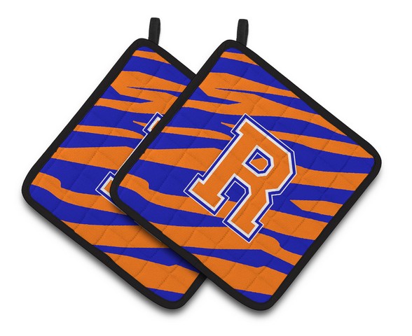 CJ1023-RPTHD Monogram Initial R Tiger Stripe - Blue Orange Pair of Pot Holders, 7.5 x 3 x 7.5 in.