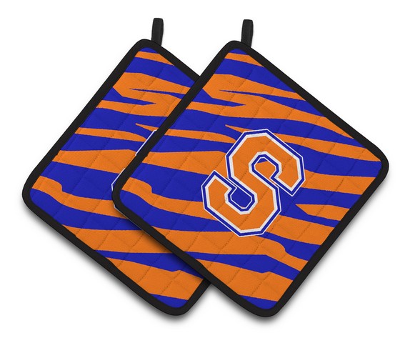 CJ1023-SPTHD Monogram Initial S Tiger Stripe - Blue Orange Pair of Pot Holders, 7.5 x 3 x 7.5 in.