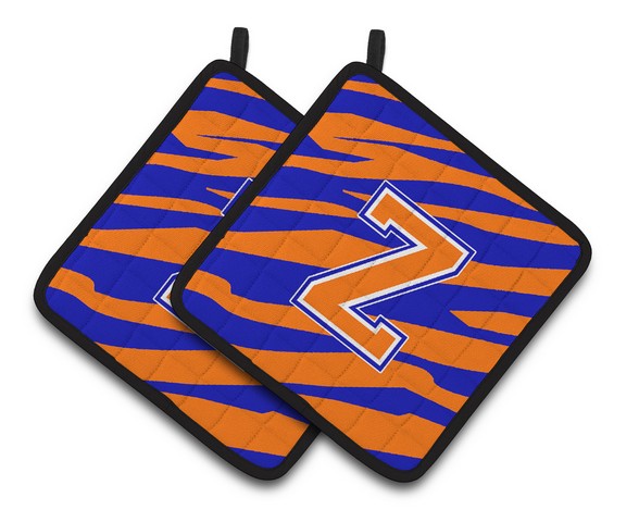 CJ1023-ZPTHD Monogram Initial Z Tiger Stripe - Blue Orange Pair of Pot Holders, 7.5 x 3 x 7.5 in.
