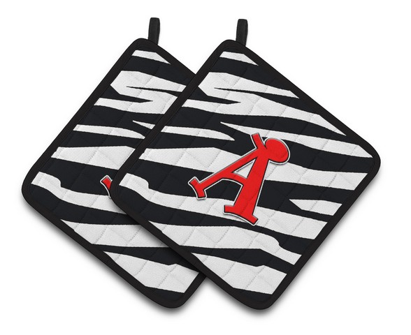 CJ1024-APTHD Letter A Monogram - Zebra Stripe & Red Pair of Pot Holders, 7.5 x 3 x 7.5 in.