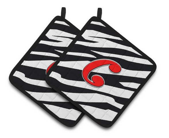 CJ1024-CPTHD Monogram Initial C Zebra Red Pair of Pot Holders, 7.5 x 3 x 7.5 in.