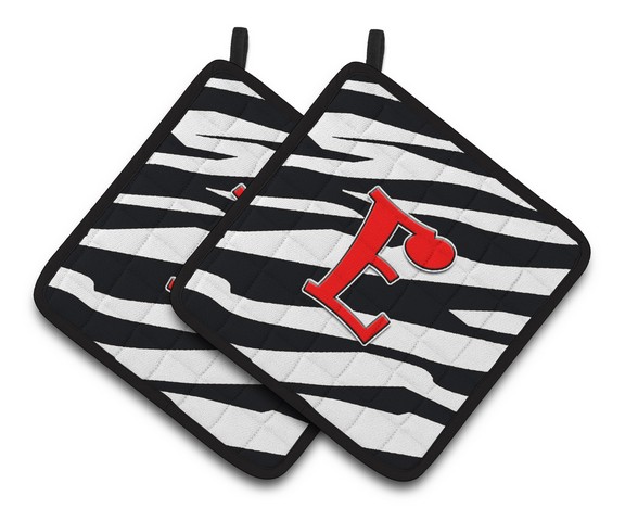 CJ1024-EPTHD Monogram Initial E Zebra Red Pair of Pot Holders, 7.5 x 3 x 7.5 in.