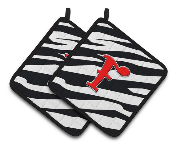 Monogram Initial F Zebra Red Pair of Pot Holders - 7.5 x 3 x 7.5 in.