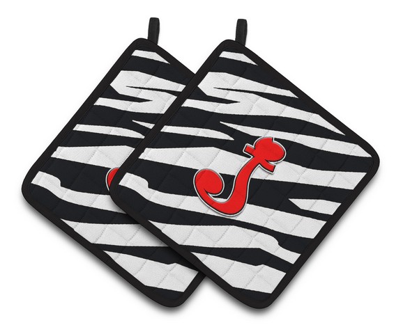 CJ1024-JPTHD Monogram Initial J Zebra Red Pair of Pot Holders, 7.5 x 3 x 7.5 in.