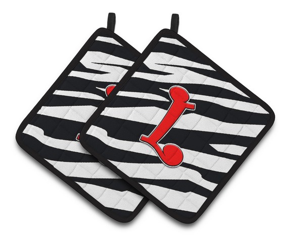 CJ1024-LPTHD Monogram Initial L Zebra Red Pair of Pot Holders, 7.5 x 3 x 7.5 in.