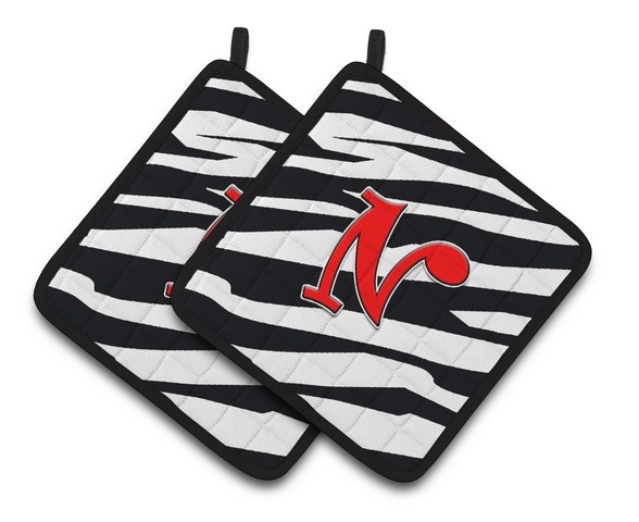 CJ1024-NPTHD Monogram Initial N Zebra Red Pair of Pot Holders, 7.5 x 3 x 7.5 in.