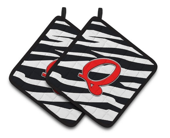 CJ1024-QPTHD Monogram Initial Q Zebra Red Pair of Pot Holders, 7.5 x 3 x 7.5 in.
