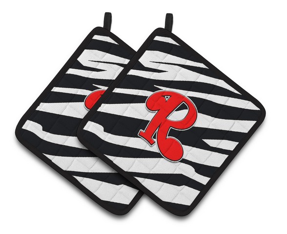 CJ1024-RPTHD Monogram Initial R Zebra Red Pair of Pot Holders, 7.5 x 3 x 7.5 in.