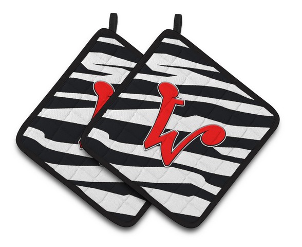 CJ1024-WPTHD Monogram Initial W Zebra Red Pair of Pot Holders, 7.5 x 3 x 7.5 in.