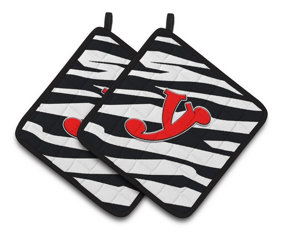 CJ1024-YPTHD Monogram Initial Y Zebra Red Pair of Pot Holders, 7.5 x 3 x 7.5 in.