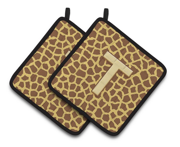 Monogram Initial T Giraffe Pair of Pot Holders - 7.5 x 3 x 7.5 in.