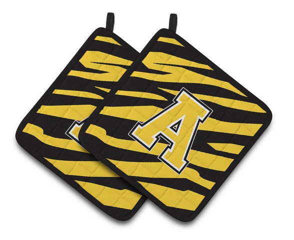 CJ1026-APTHD Letter A Monogram - Black Gold Tiger Stripe Pair of Pot Holders, 7.5 x 3 x 7.5 in.