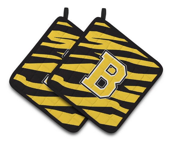 CJ1026-BPTHD Monogram Initial B Tiger Stripe - Black Gold Pair of Pot Holders, 7.5 x 3 x 7.5 in.