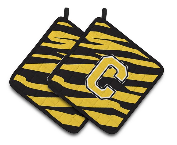 CJ1026-CPTHD Monogram Initial C Tiger Stripe - Black Gold Pair of Pot Holders, 7.5 x 3 x 7.5 in.