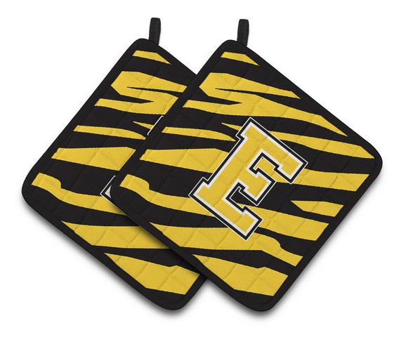 CJ1026-EPTHD Monogram Initial E Tiger Stripe - Black Gold Pair of Pot Holders, 7.5 x 3 x 7.5 in.