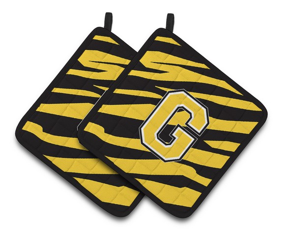 CJ1026-GPTHD Monogram Initial G Tiger Stripe - Black Gold Pair of Pot Holders, 7.5 x 3 x 7.5 in.