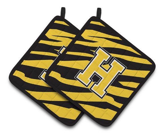CJ1026-HPTHD Monogram Initial H Tiger Stripe - Black Gold Pair of Pot Holders, 7.5 x 3 x 7.5 in.