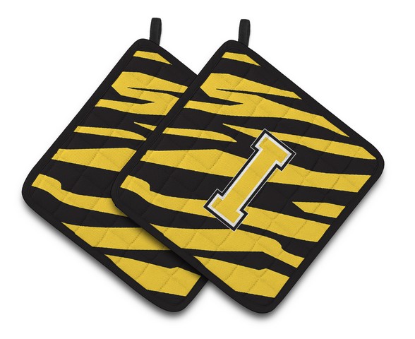 CJ1026-IPTHD Monogram Initial I Tiger Stripe - Black Gold Pair of Pot Holders, 7.5 x 3 x 7.5 in.