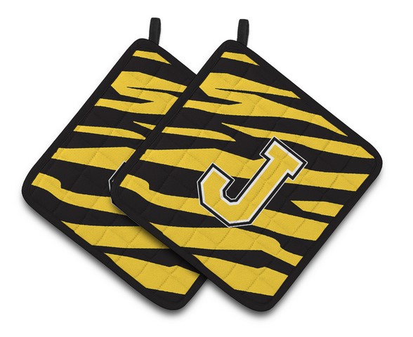 CJ1026-JPTHD Monogram Initial J Tiger Stripe - Black Gold Pair of Pot Holders, 7.5 x 3 x 7.5 in.