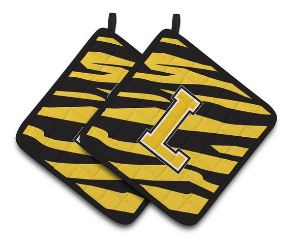 CJ1026-LPTHD Monogram Initial L Tiger Stripe - Black Gold Pair of Pot Holders, 7.5 x 3 x 7.5 in.