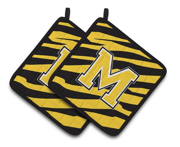 CJ1026-MPTHD Monogram Initial M Tiger Stripe - Black Gold Pair of Pot Holders, 7.5 x 3 x 7.5 in.