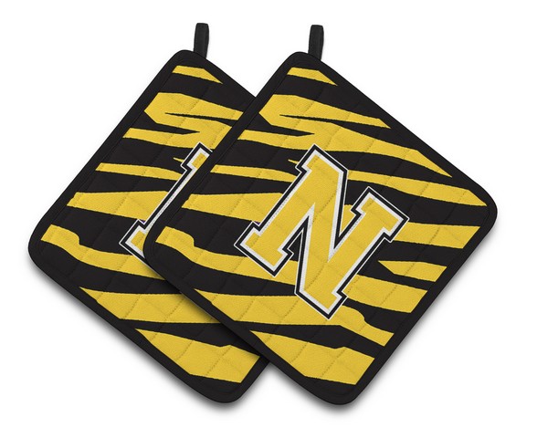 CJ1026-NPTHD Monogram Initial N Tiger Stripe - Black Gold Pair of Pot Holders, 7.5 x 3 x 7.5 in.