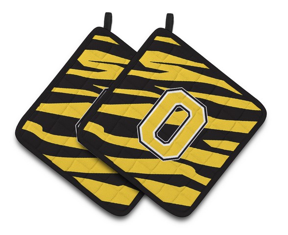 CJ1026-OPTHD Monogram Initial O Tiger Stripe - Black Gold Pair of Pot Holders, 7.5 x 3 x 7.5 in.